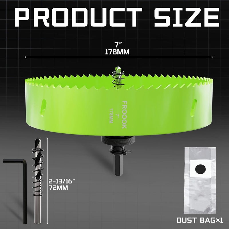 FROOOK 7"(178mm) Bi-Metal Hole Saw with Arbor - Multi-Material Cutting Kit for Thin Iron, Wood & Drywall - High-Speed Steel Teeth with Smooth Cutting Edge, Fast Chip Removal & Bonus Dust-Proof Bag - Image 2